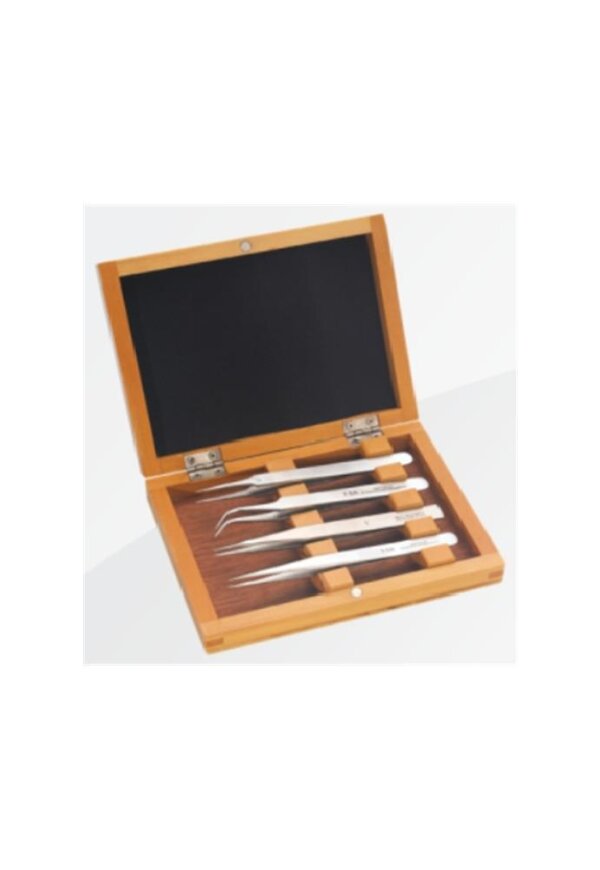 Kit 4 pinzette da orologiaio con scatola in legno/ 4 watchmaker tweezers, wooden box